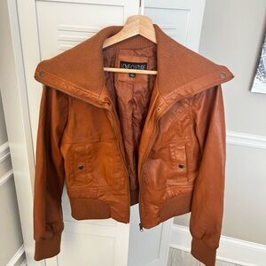 Brown Faux Leather Bomber Jacket Y2K Casual Chic Size Large